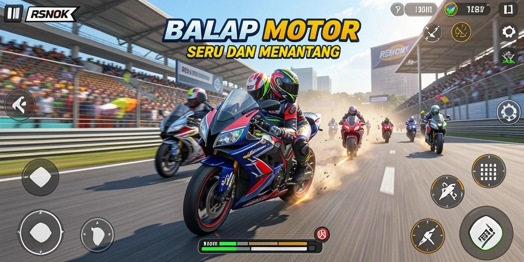 Screenshot game RSNOK menampilkan aksi balapan motor yang mendebarkan.