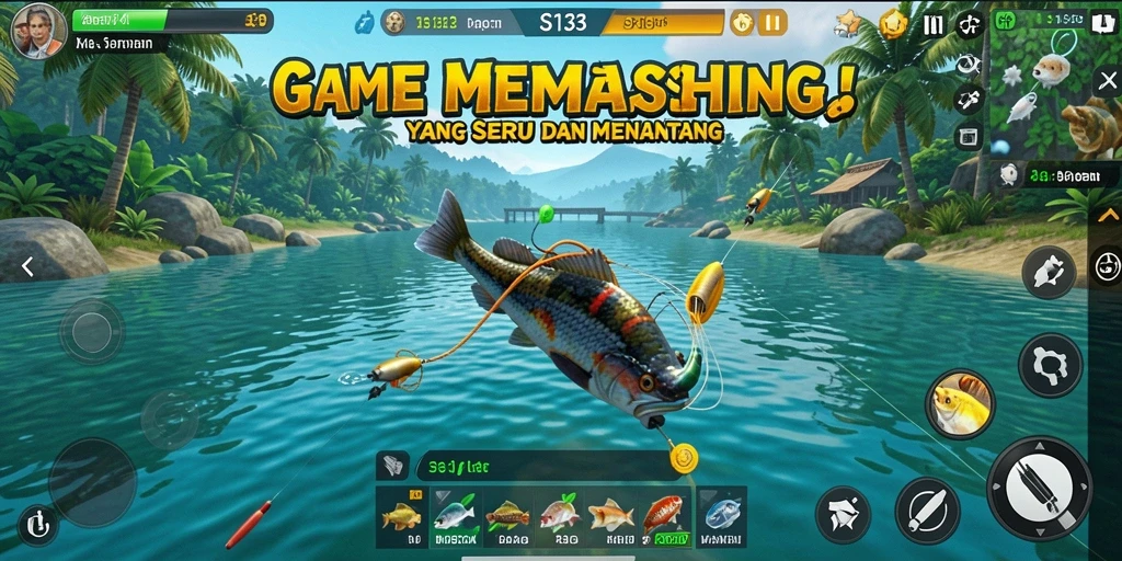 Screenshot gameplay S13 menampilkan aksi seru memancing dengan ikan yang beragam.